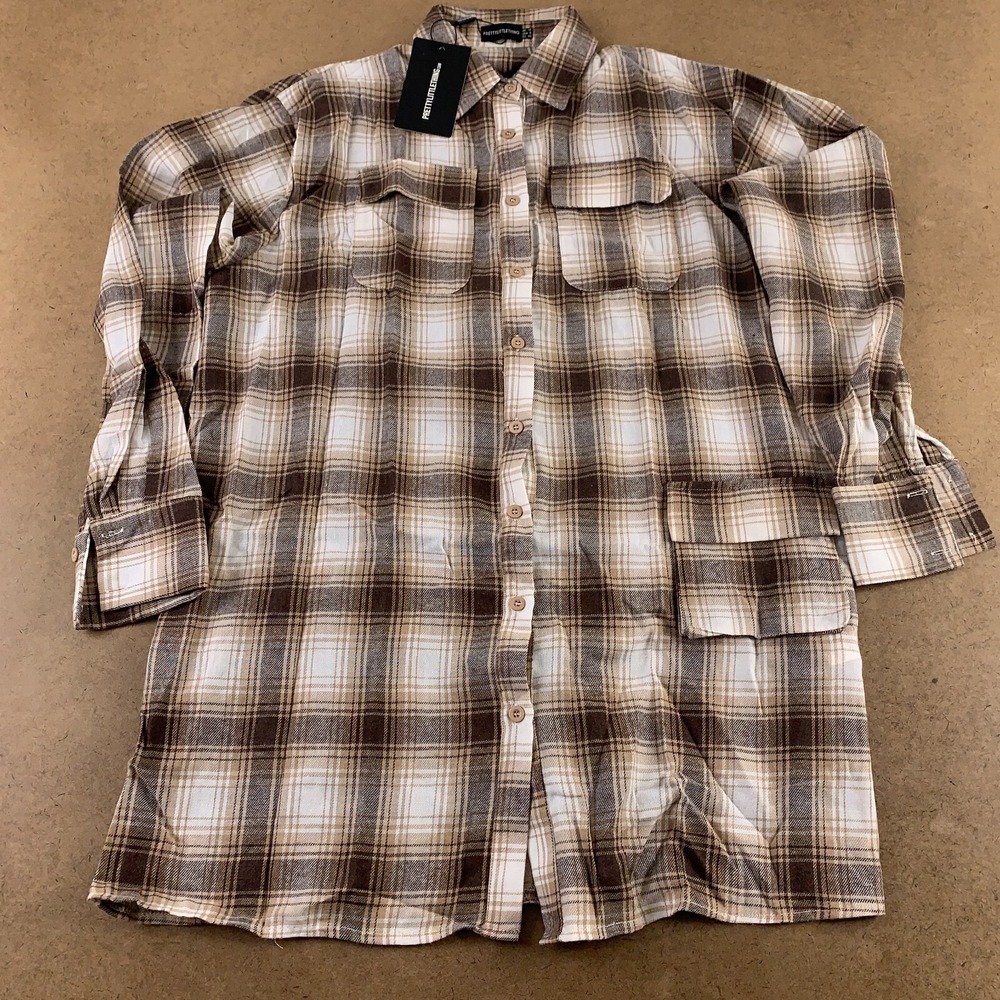 Pretty Little Thing Women's 8 Beige Plaid Pocketed Long Sleeve Shirt Dress NWT